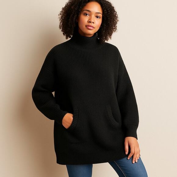RDI Women’s Size M Black Mock Neck Ribbed Tunic Sweater Kangaroo Pocket NWT - Picture 1 of 9